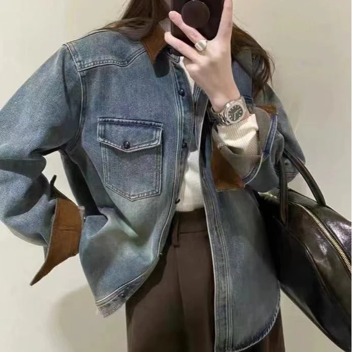 3356号#1906#秋冬撞色百搭复古牛仔衬衫外套 D3-54
