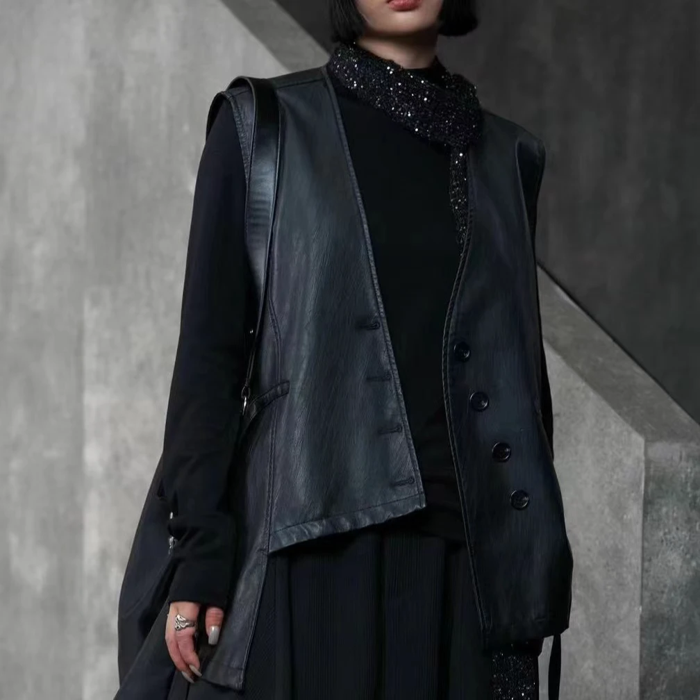 3041号#19716#秋百搭飘带款休闲宽松皮马甲