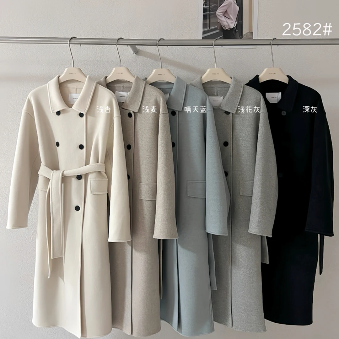 8838号2582#秋冬百搭气质双排扣假口袋翻领长款大衣外套（配腰带）