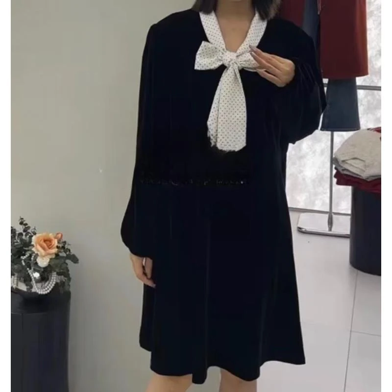 3038号#88928#秋撞色波点飘带宽松丝绒连衣裙（无口袋无里衬）G3-34