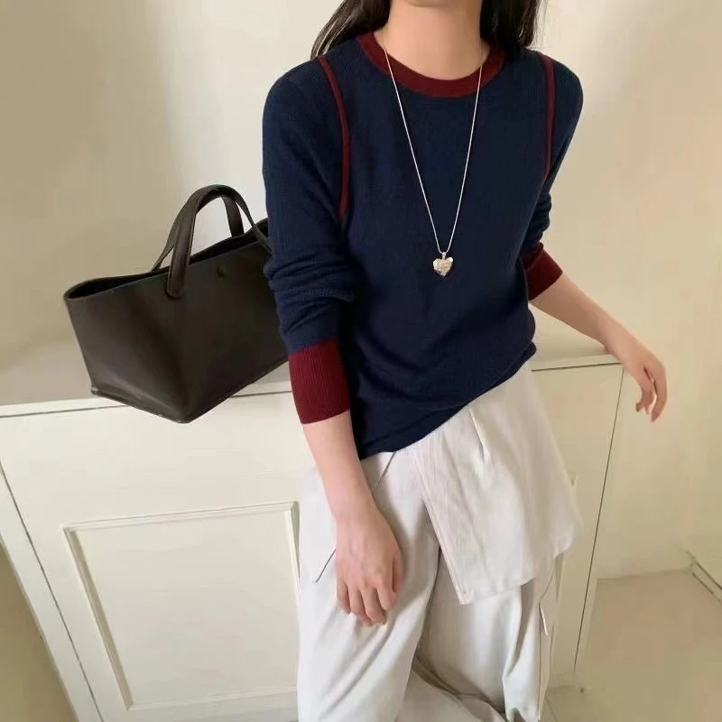 9718号2870#秋冬撞色针织衫拼接女款打底衫（预）