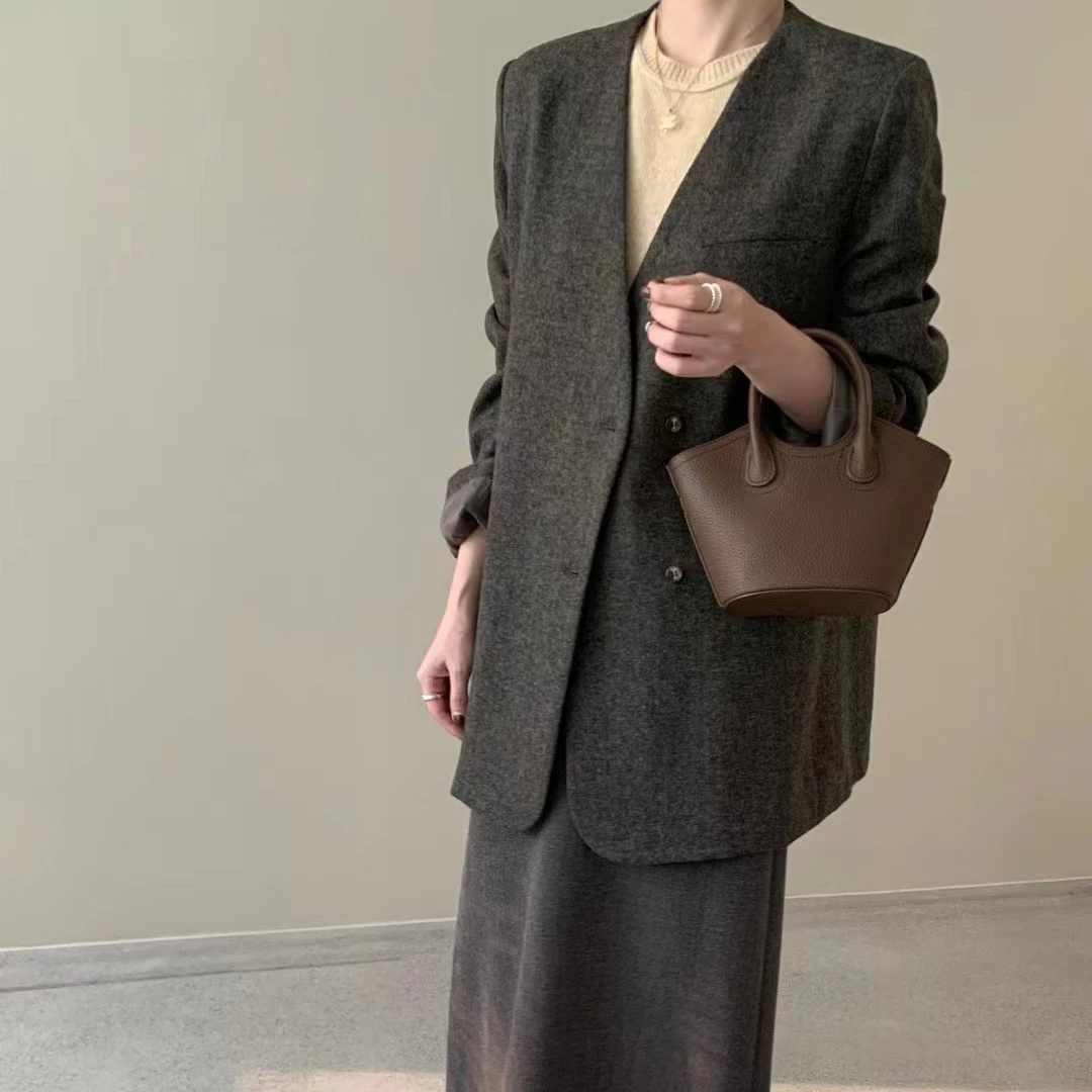 3007号56678#秋百搭气质无领双口袋休闲外套