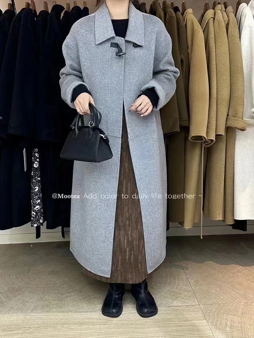 3507号829#秋冬韩系休闲双口袋牛角扣后下摆开叉大衣外套