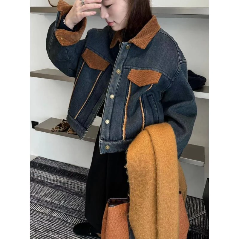 3326号3310#秋冬撞色领加绒双口袋休闲百搭牛仔外套