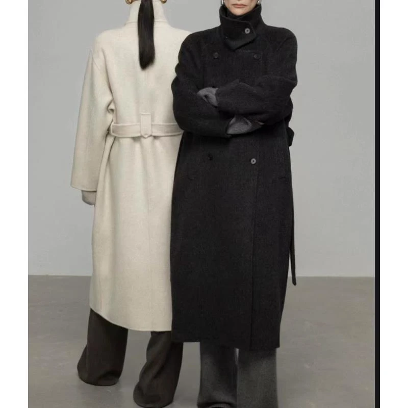 8514号#3004#秋冬韩系双排扣口袋款休闲长款大衣外套（配腰带）（预）