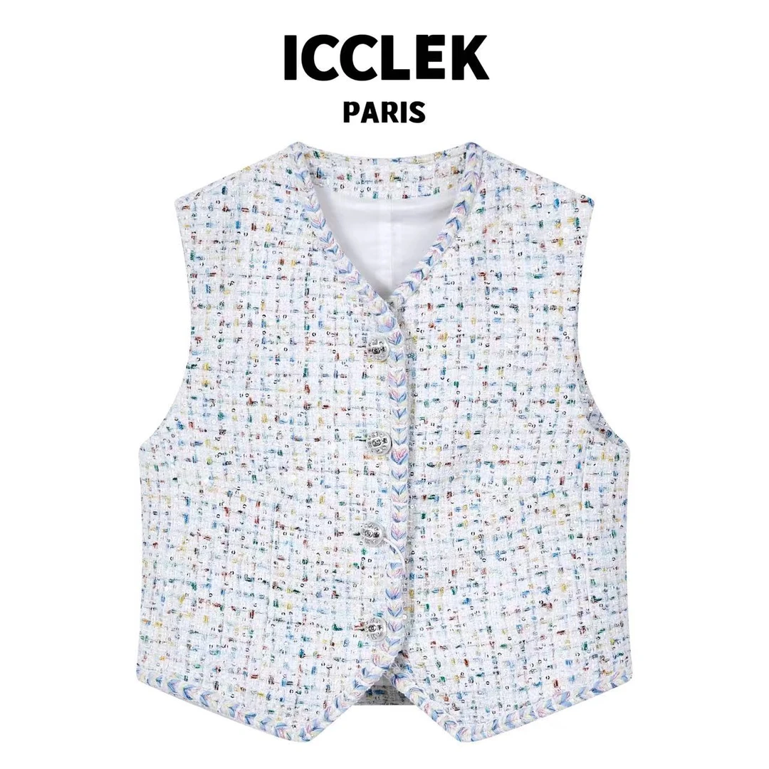 ICCLEK 针织粗花呢马甲上衣 百搭 打底 无袖 修身 显瘦 -2500