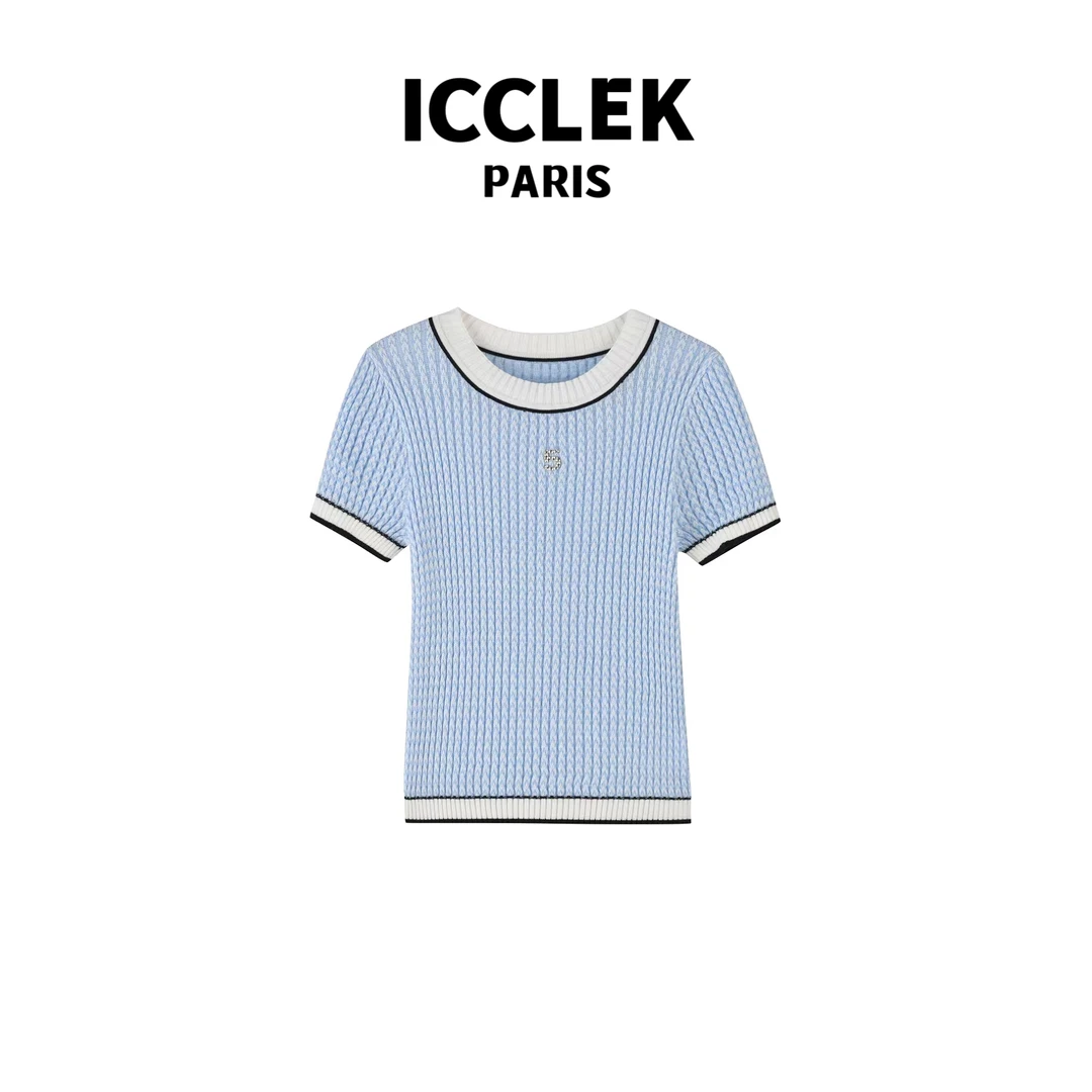 ICCLEK 圆领5号金属扣短袖针织衫休闲时尚夏季百搭气质短袖 -2510