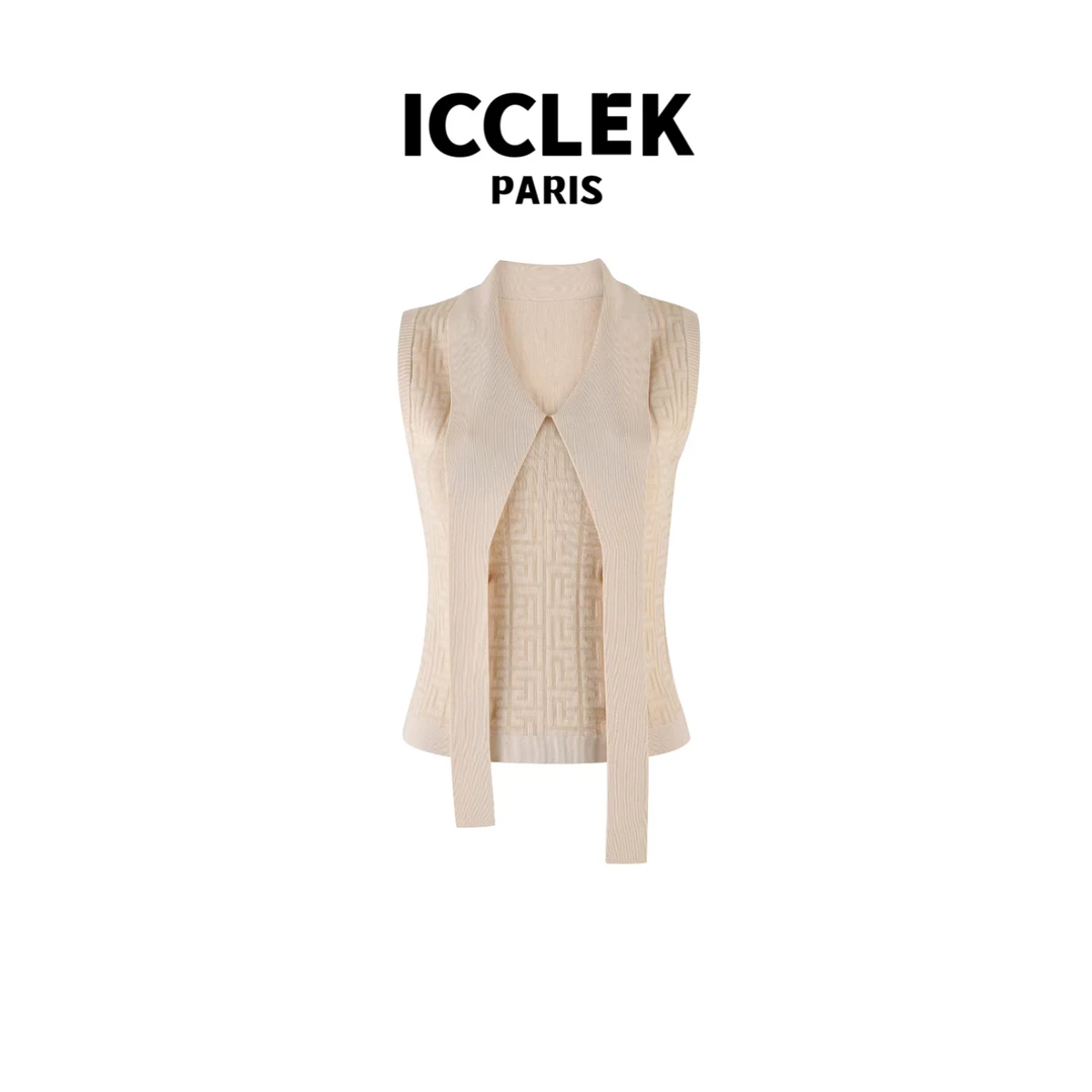 ICCLEK 杏色围巾领满印针织背心百搭休闲时尚无袖气质上 衣 -2636