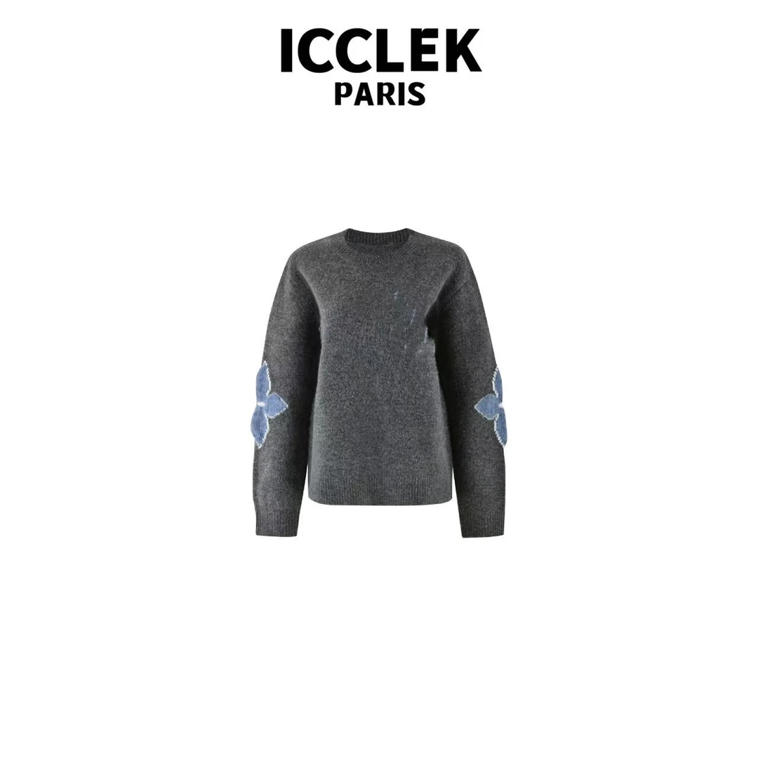 ICCLEK 灰色圆领长袖手工刺绣针织衫-3573