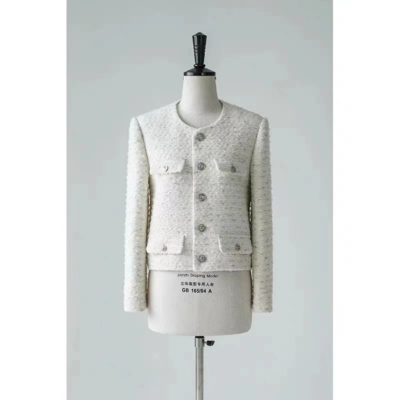 ICCLEK 单排扣四口袋粗花呢早秋编织外套 小香风 气质 -2107