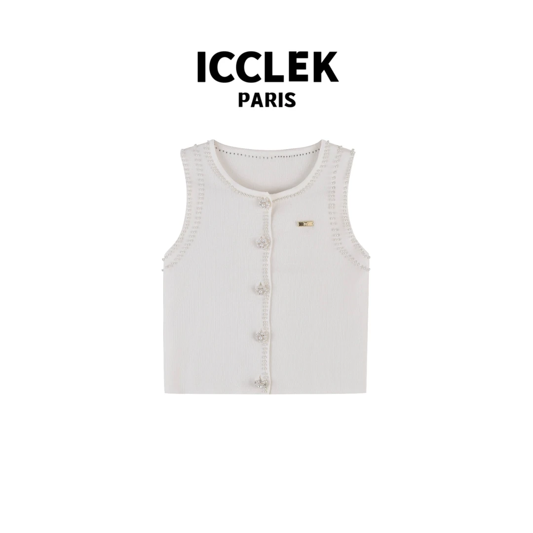 ICCLEK 圆领套头珍珠款针织背心休闲百搭无袖针织衫宽松  - 2550