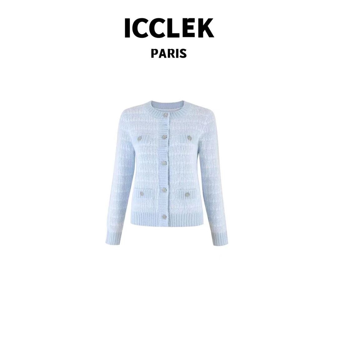 ICCLEK 蓝色四口袋毛茸茸针织衫气质 轻奢 名媛 -2926