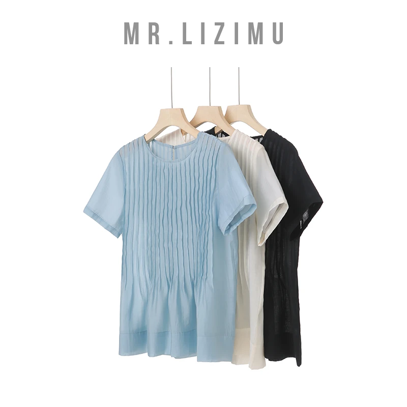 李子木先生女t恤短袖圆领褶皱打底小衫女内搭爆款欧若风穿搭C6779