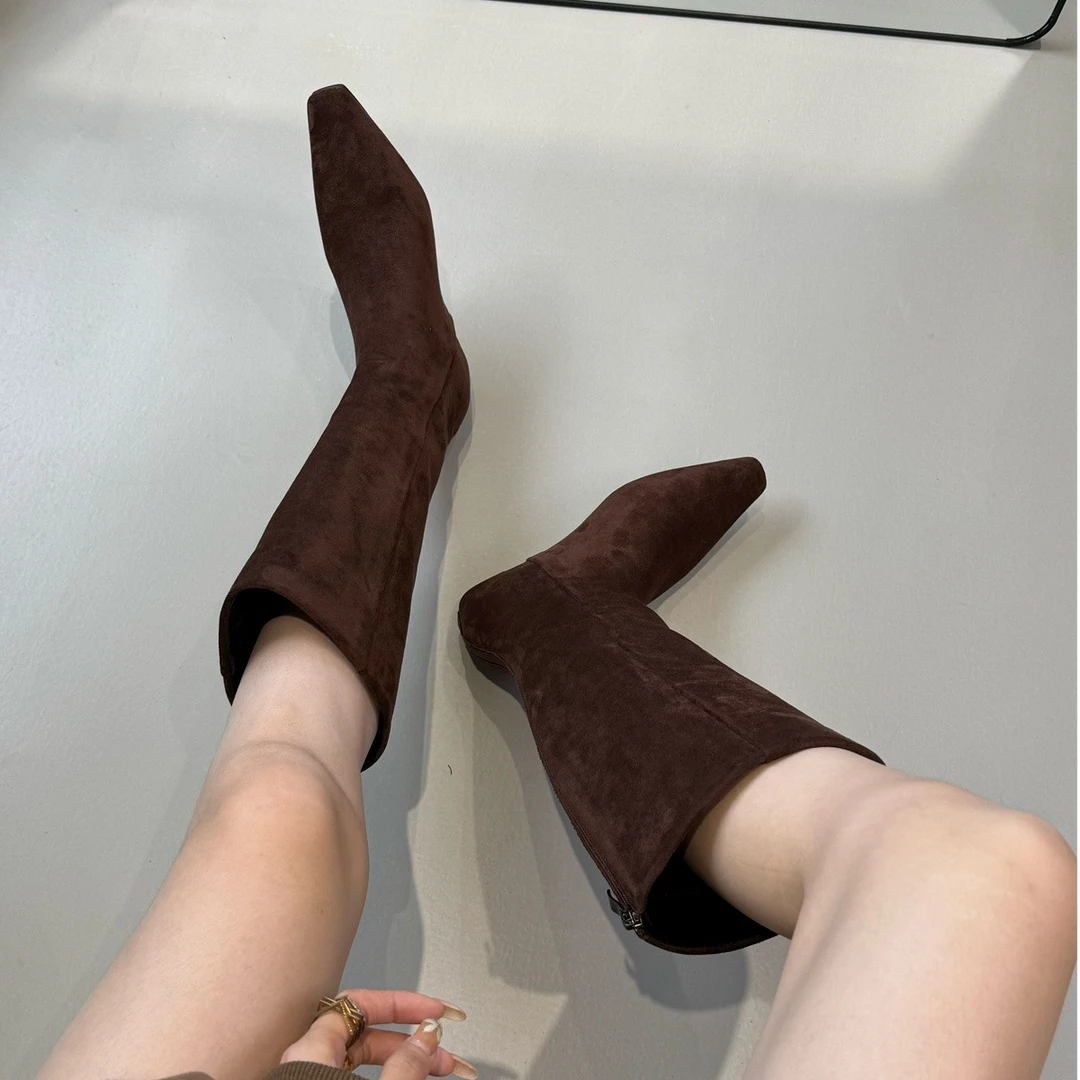 美拉德复古绒面长靴女方头气质磨砂不过膝后拉链内增高瘦瘦靴百搭