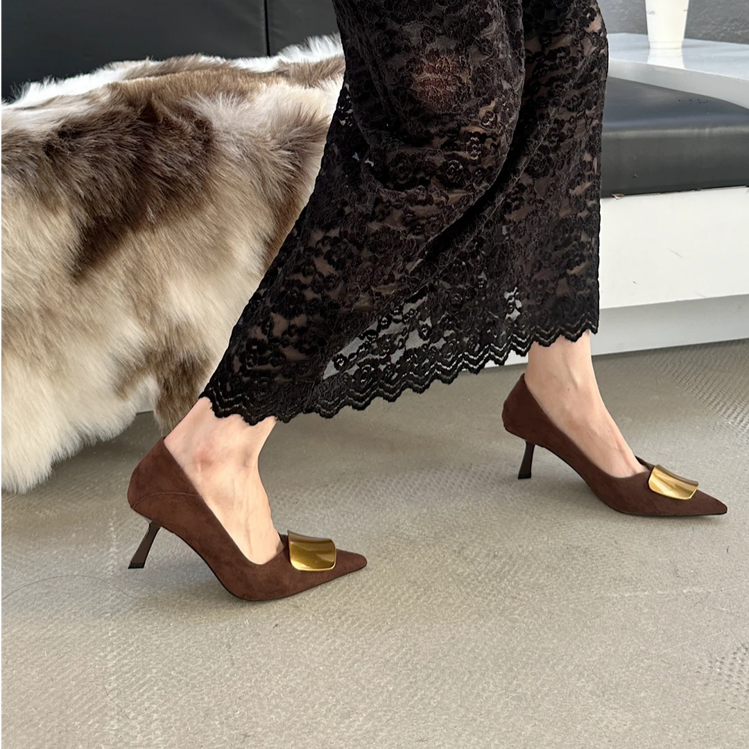 绒面尖头高跟鞋女百搭浅口一脚蹬单鞋时尚中跟细跟豹纹工作鞋职业