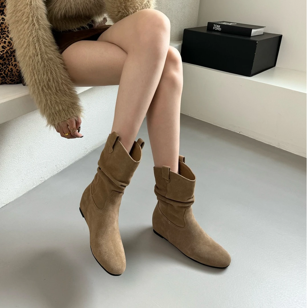 磨砂皮~内增高复古短靴女2025秋冬西部马丁靴圆头短筒百搭堆堆靴