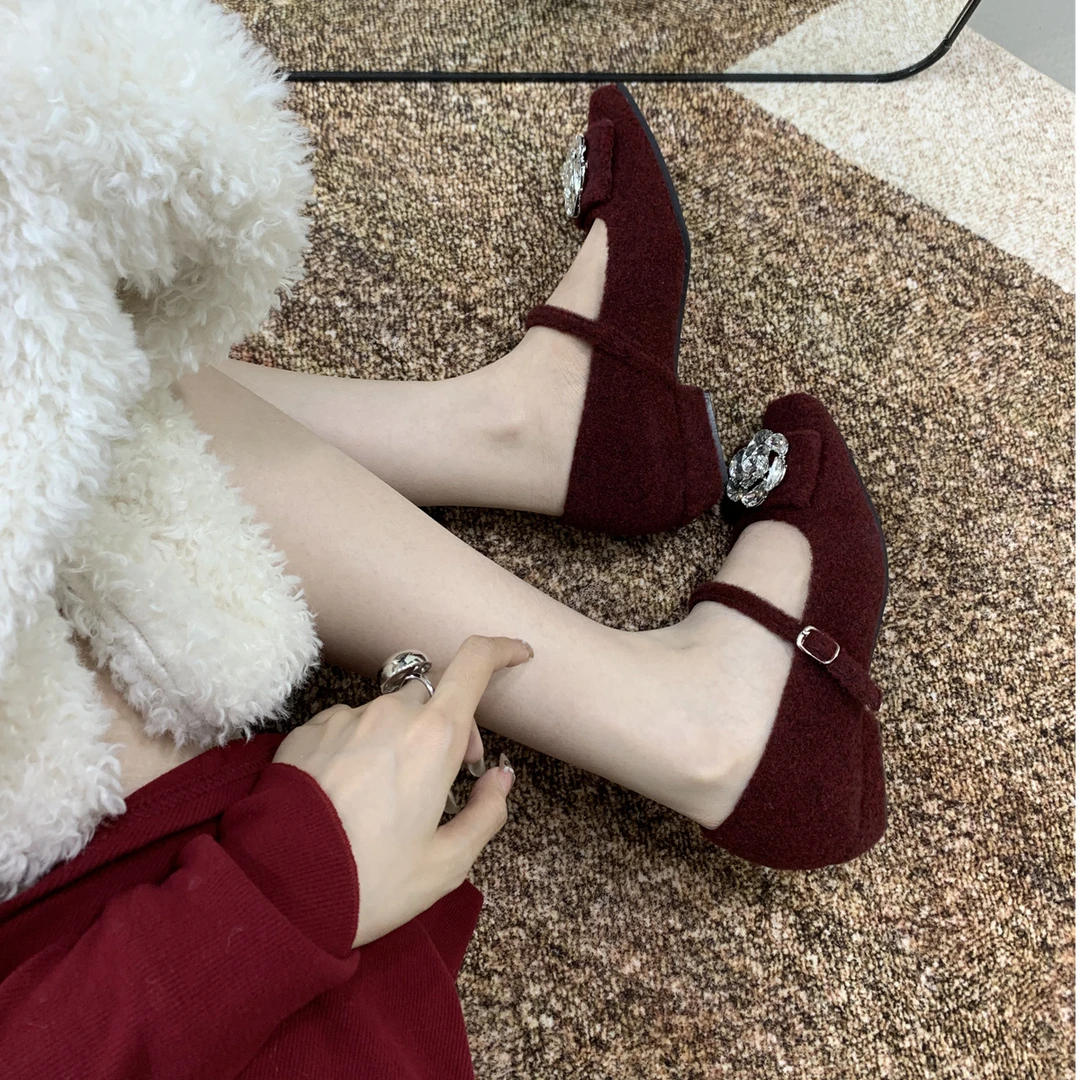 法式高跟灰色方头水钻单鞋女鞋子2025秋冬季加绒晚晚玛丽珍毛毛鞋