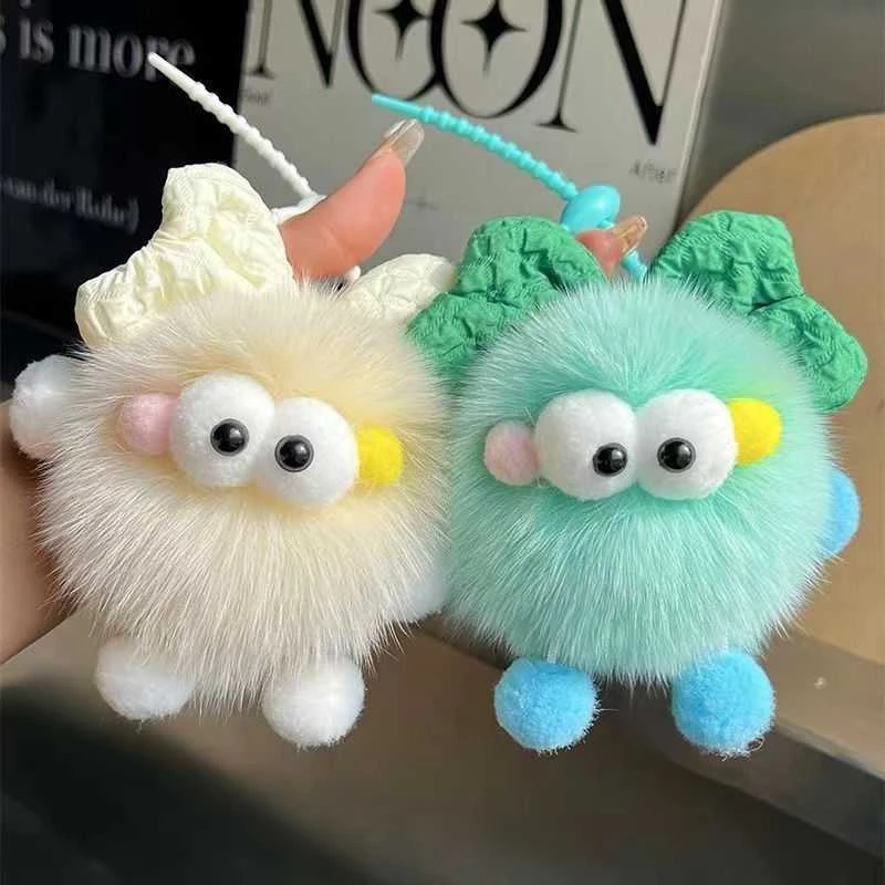 新款创意真狐狸毛蝴蝶结小煤球挂件少女心书包包挂饰车钥匙扣配