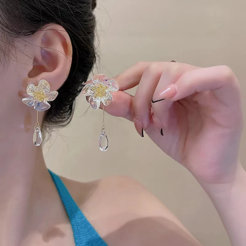 合金亚克力耳饰 轻奢长款流苏透明花朵耳环女潮百搭气质网红耳钉