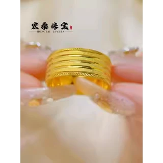 黄铜戒指 宏泰珠宝简约ins风素圈镀金仿金色车花戒指男气质精美