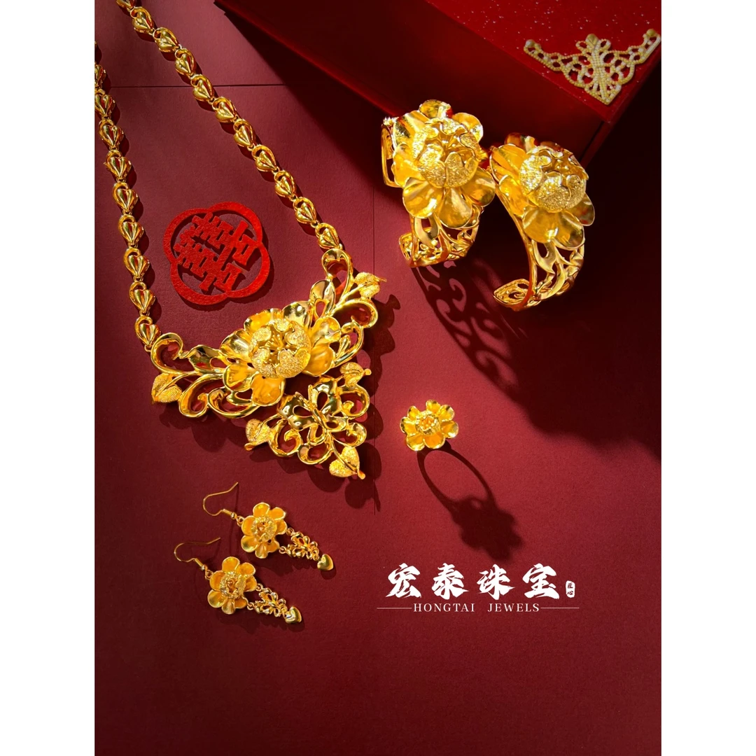 铜合金婚庆饰品 宏泰珠宝繁花似锦项链镀金新娘结婚首饰龙凤呈祥