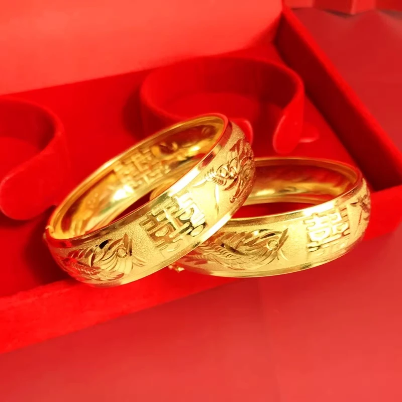 铜合金手镯 简约龙凤手镯手环新娘结婚饰品喜字轻薄柔软款龙凤镯