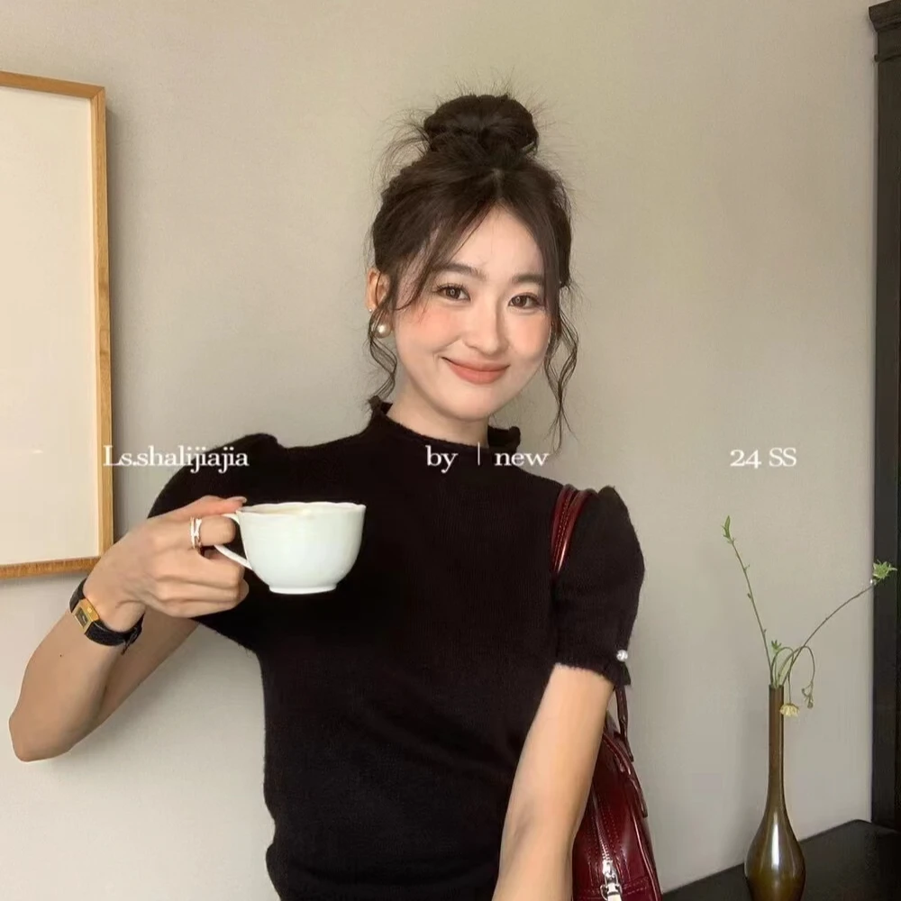 【英子推荐】2024年新款复古半高领短袖针织毛衣气质休闲时尚百搭女