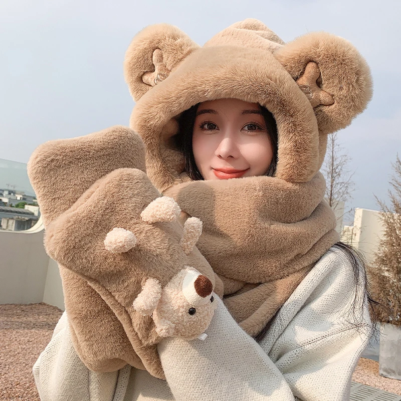 小熊帽子围巾一体女冬可爱卡通毛绒手套连体韩国连帽秋冬百搭保暖