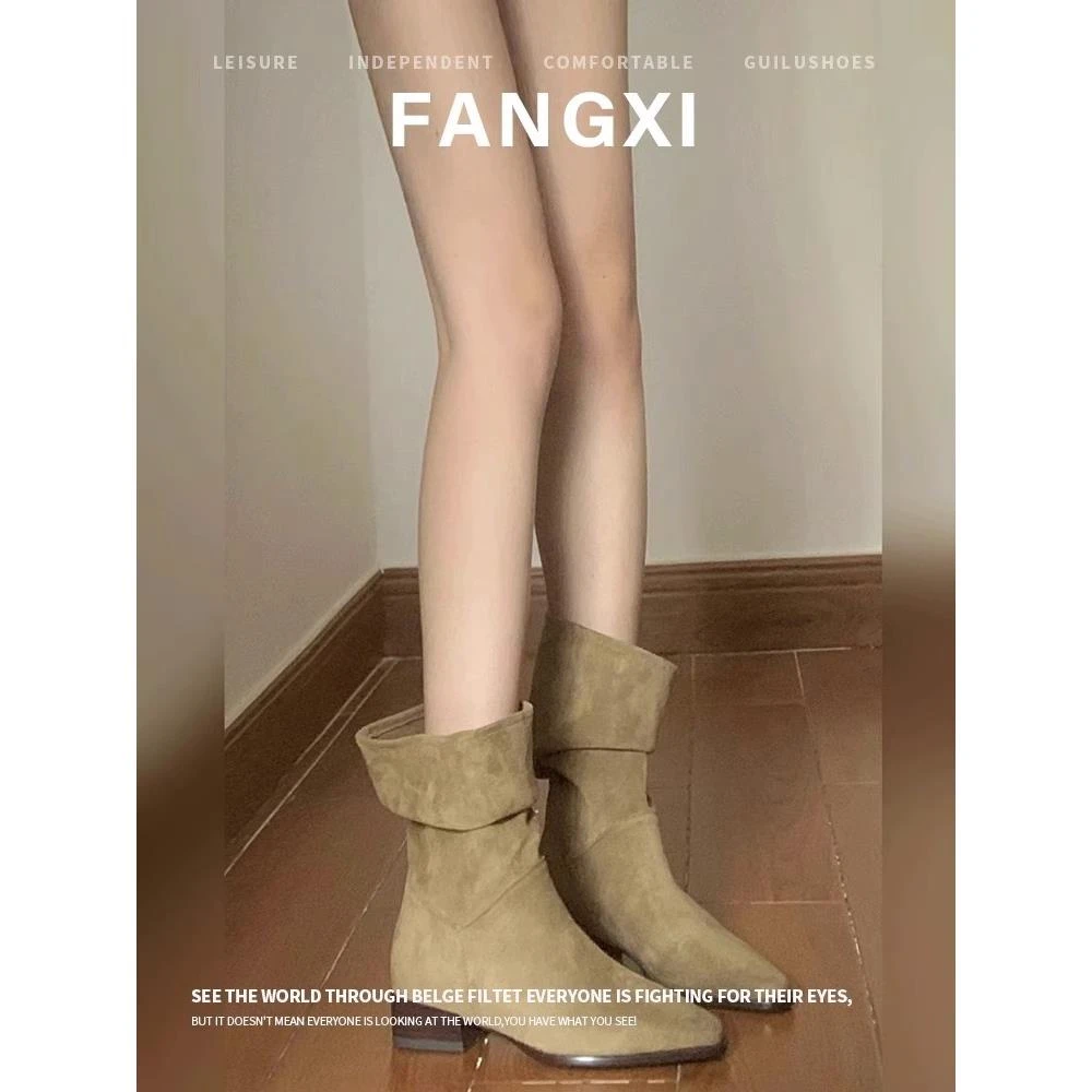 2024新款夏季靴子复古中筒堆堆靴西部牛仔靴尖头粗跟马丁靴女短靴