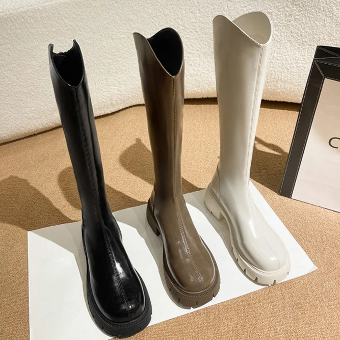 网红白色皮面中筒长靴女2023新款厚底秋冬V口高筒骑士靴百搭长靴