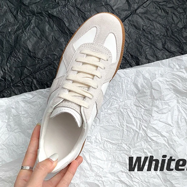 复古真皮白色德训鞋女低帮运动板鞋时尚百搭春季网红透气薄荷曼波