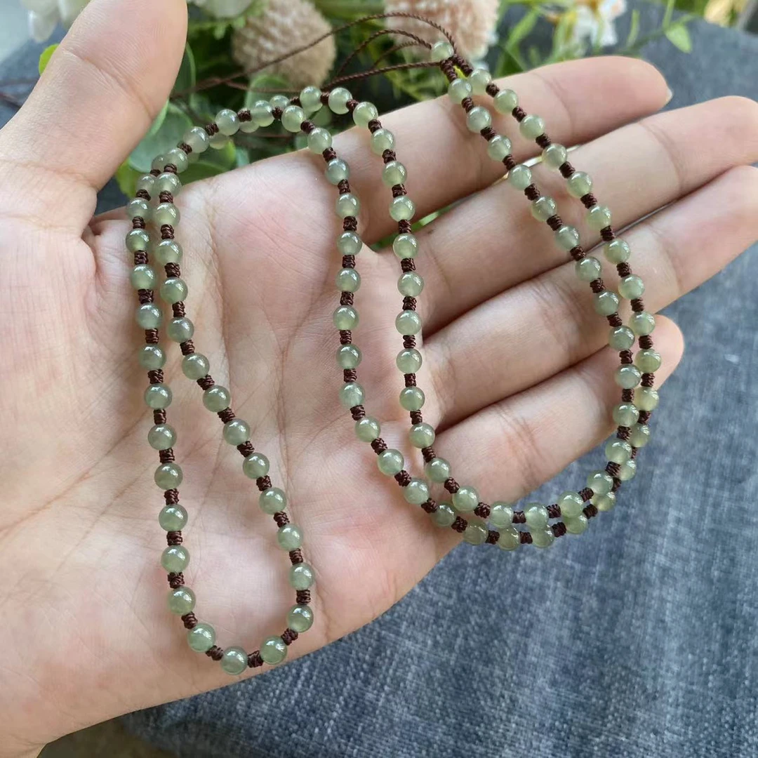 经典圆珠4mm天然正品和田玉湖水绿男女款纯手工编织吊坠项链绳