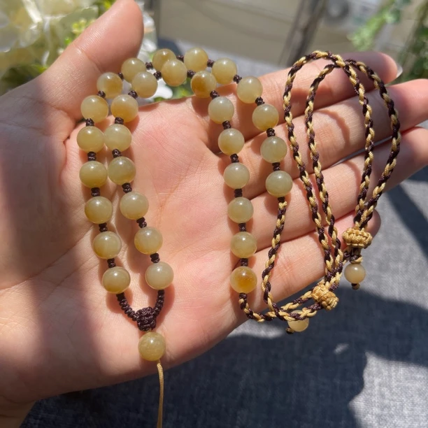 天然和田玉糖玉糖白圆珠8mm珠链玉石挂绳手工编织项链时尚可调节