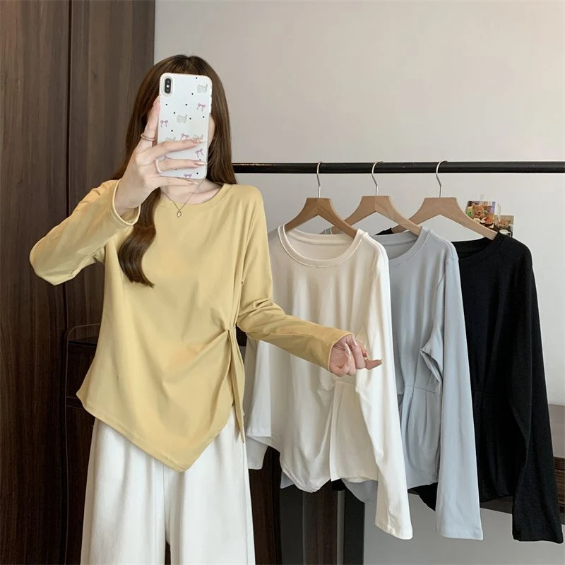 不规则褶皱收腰长袖T恤衫女秋季大码胖妹妹别致小众百搭显瘦上衣