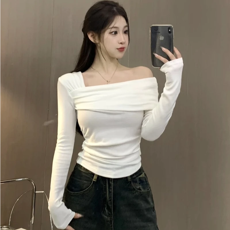棉气质长袖2024新款修身显瘦辣妹性感露肩短款上衣一字肩打底休闲