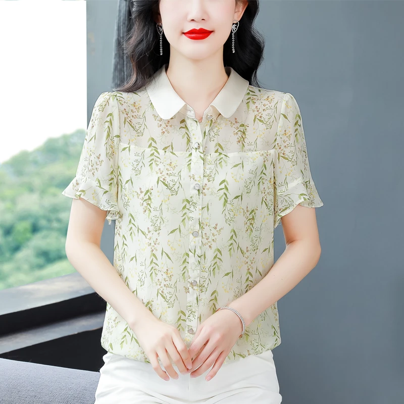 洋气碎花短袖雪纺衬衫夏季2024新款夏装妈妈国风高端宽松衬衣上衣