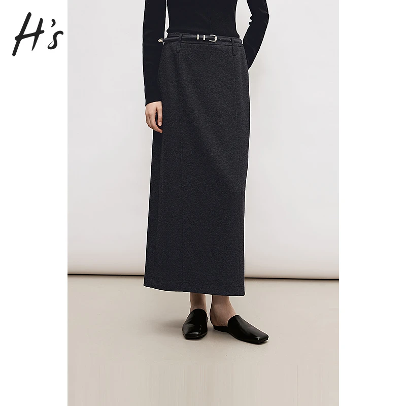【反季“放”价】HS深灰色绒感针织半身裙修身高级设计感直筒腰裙女