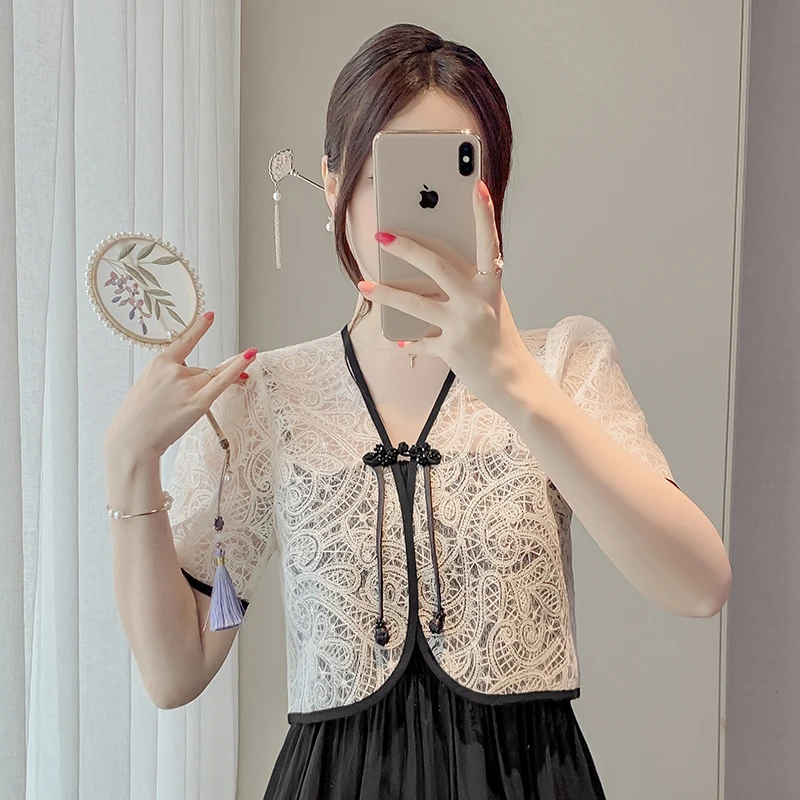 夏季国风新中式短袖衬衫女士气质优雅漂亮防晒衫短款显瘦披肩上衣