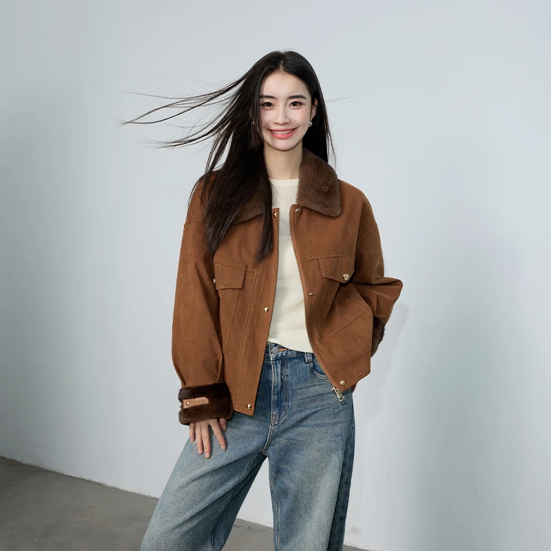 暮秋时光 进口水貂领麂皮绒夹克90白鹅绒内胆短外套年轻24927