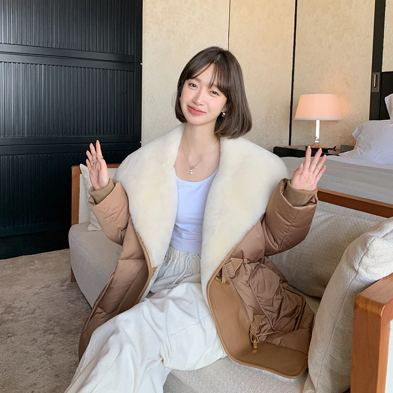 挪威之秋2025新冬季鹅绒服女中长款白鹅绒面包服毛毛领外套23667