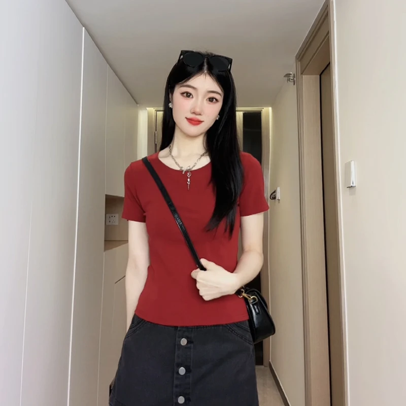 2025夏季新款清凉纯色u型领简约显瘦百搭女士短袖T恤打底上衣
