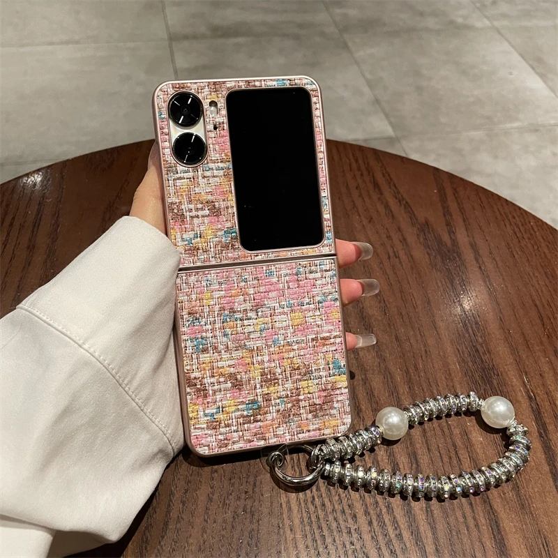 适用于OPPOFindN2Flip手机壳幻彩编织纹手提链n2flip时尚奢华外壳