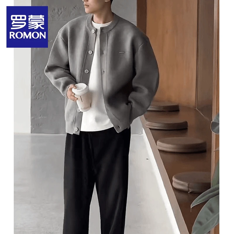 Romon/罗蒙早秋新款韩系潮流长袖休闲圆领开衫针织毛衣外套男士潮