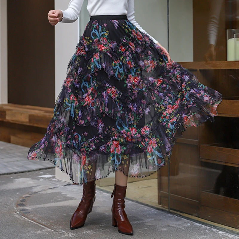 秋装新款高腰松紧A字网纱半身长裙重工钉珠层层叠叠碎花蛋糕裙女