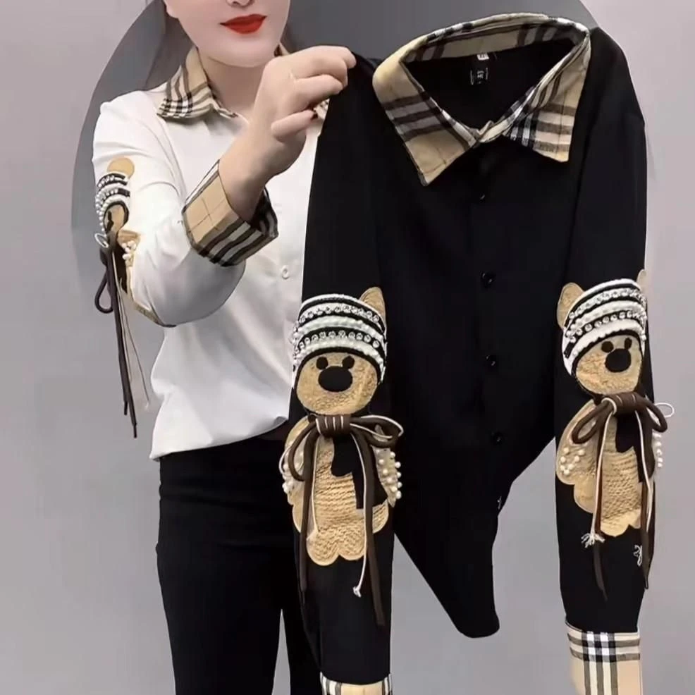 大码女装衬衫重工钉珠贴布小熊装饰显瘦上衣女长袖