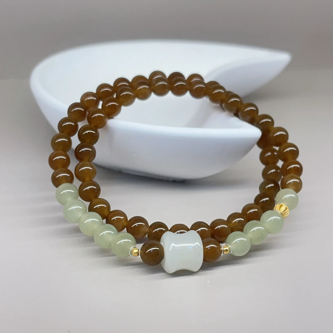 【珊木居】S1385MD 心无旁骛 18K金糖玉碧玉0.6双圈和田玉手串