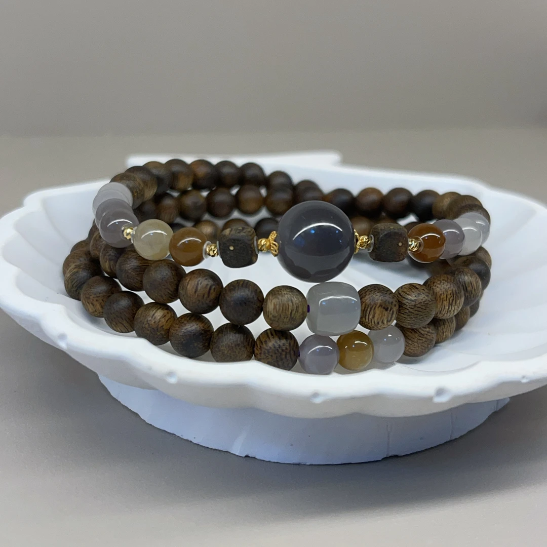 沉香【珊木居】S1376TZ 烟雨纱 18K 沉香0.6圆珠烟灰烟紫多圈手串