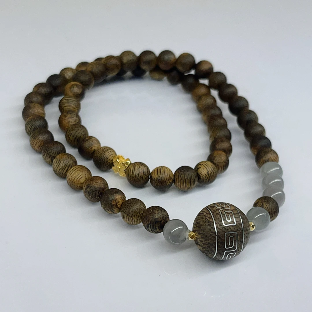 沉香【珊木居】S1015JY 心回 沉香嵌回纹绿棋烟紫0.6双圈