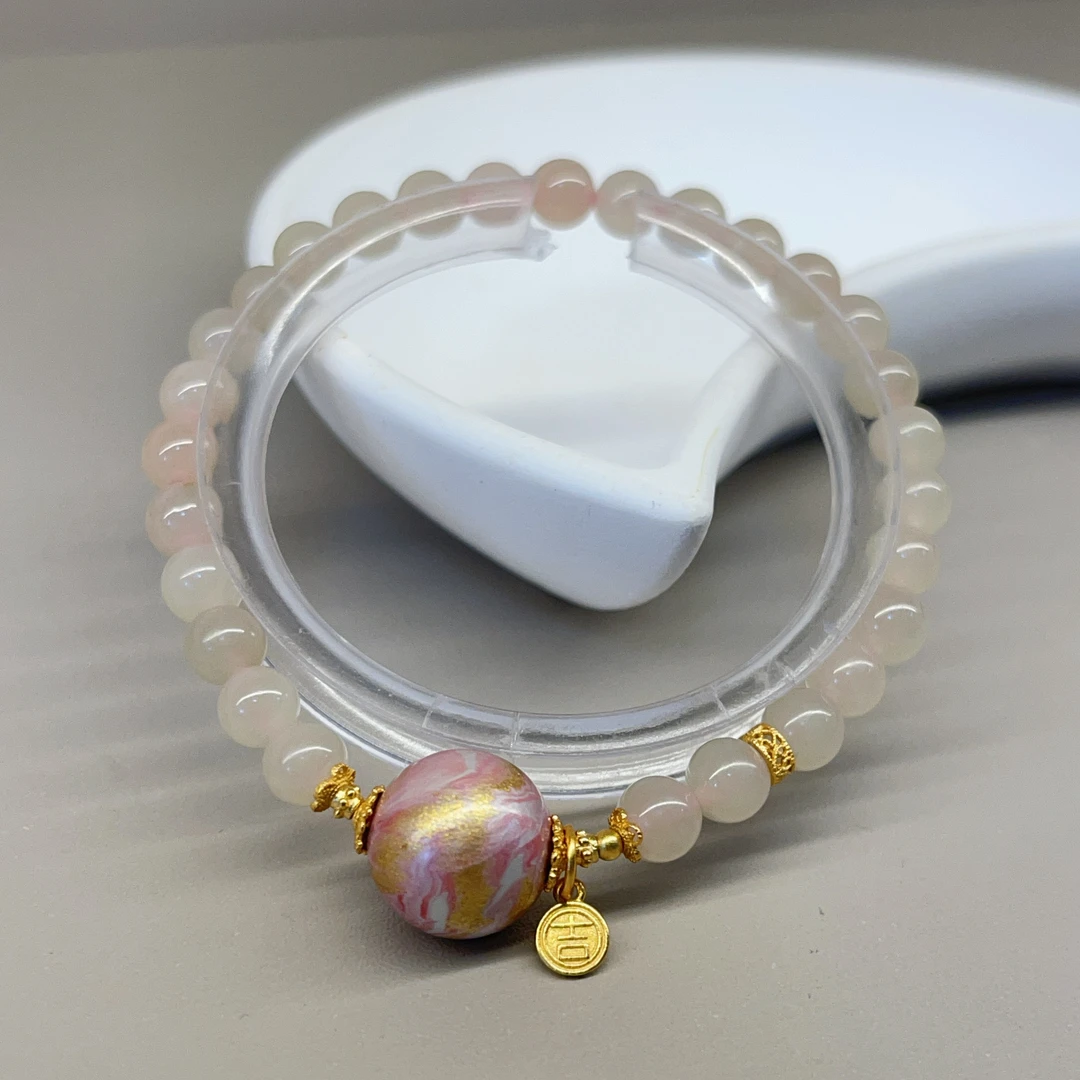 【珊木居】S1533JY 凤鸣 和田玉藕粉0.6圆珠大漆单圈手串