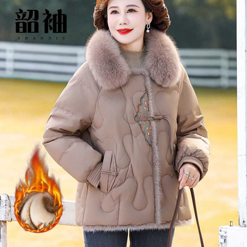 妈妈冬装加绒加厚棉衣外套短款羽绒棉服中老年人秋冬女装保暖棉袄